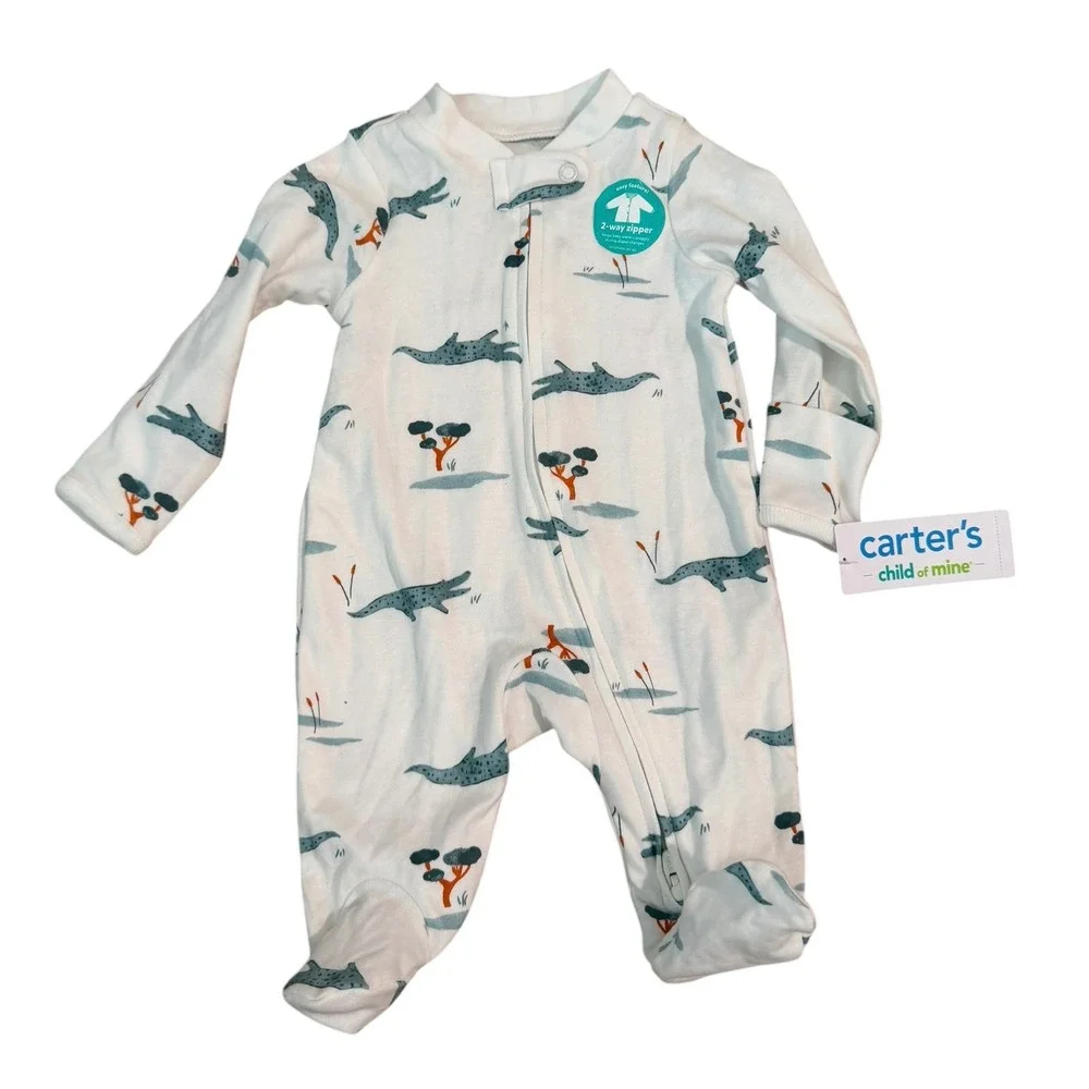 Carter's White Alligator Sleep Play Baby 2-Way Zip Cotton NWT Newborn